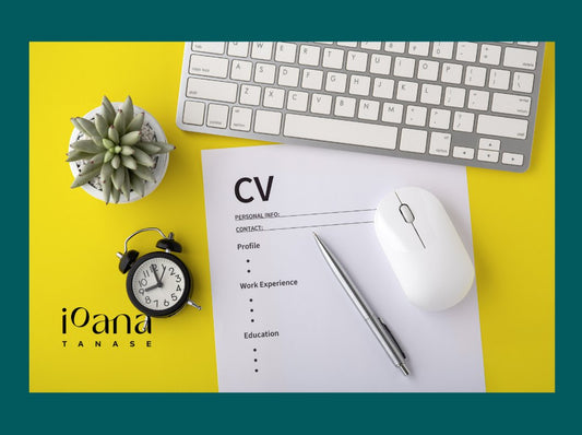 A template CV on a yellow table. On the desk also a pen, a mouse (the device not animal), a keyboard, an alarm clock and a cute succulent plant 