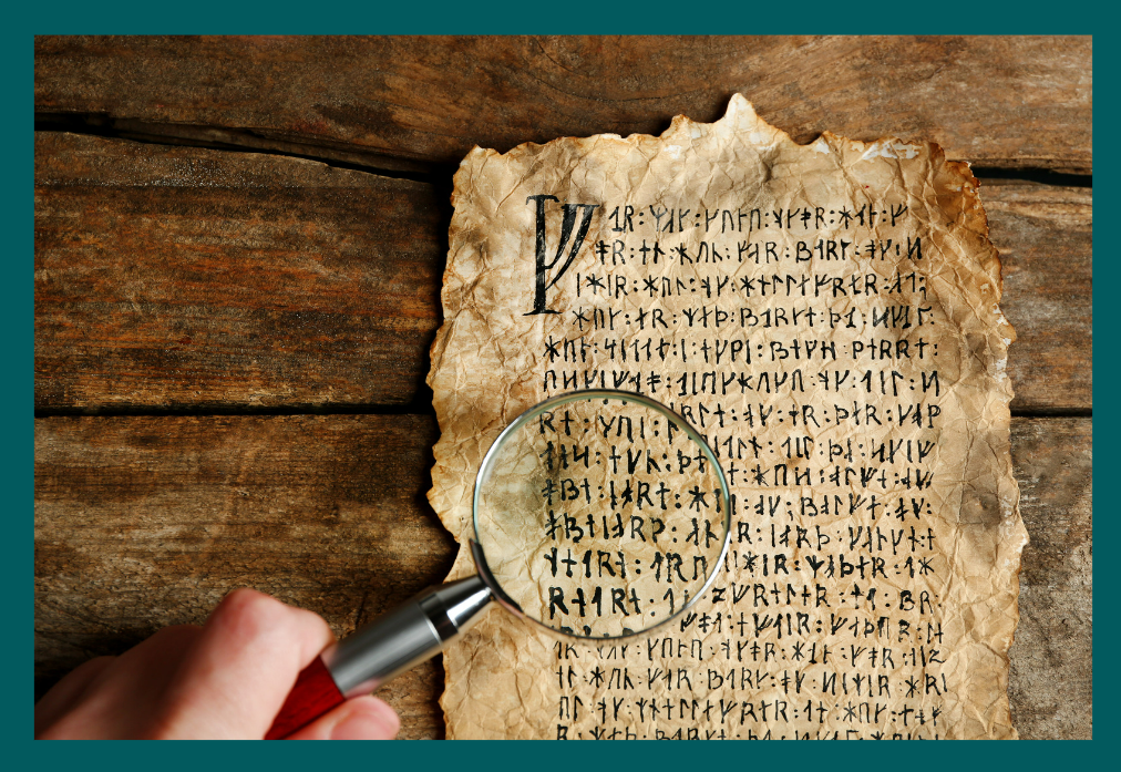 An old parchment written in an unknown language with person holding a magnifier glass over it