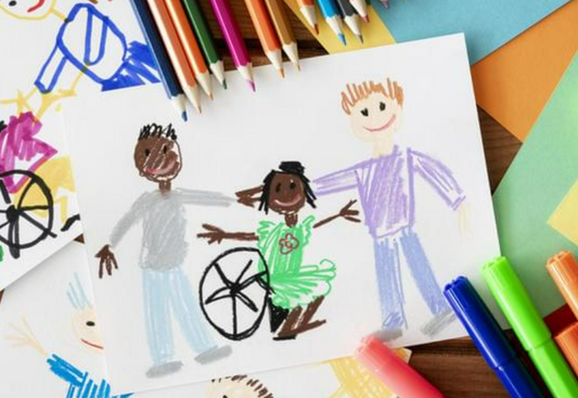 A child's drawing of a family including the parents and the child who is a wheelchair user 